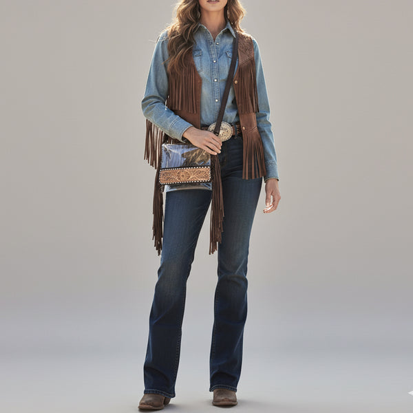 ADBGZ889 Clear Fringe Crossbody with Tooled Leather Trim | American Darling