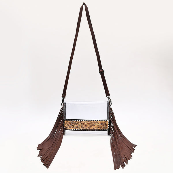 ADBGZ889 Clear Fringe Crossbody with Tooled Leather Trim | American Darling