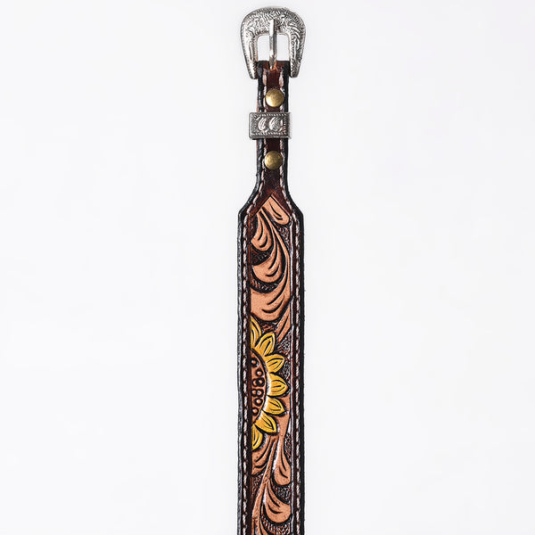 ADHTBR125 Sunflower Tooled Leather Western Hatband with Silver Buckle - Handcrafted Cowgirl Style