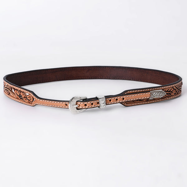 ADHTBR132 Natural Tooled Leather Western Hatband with White Lace Inlay & Silver Buckle
