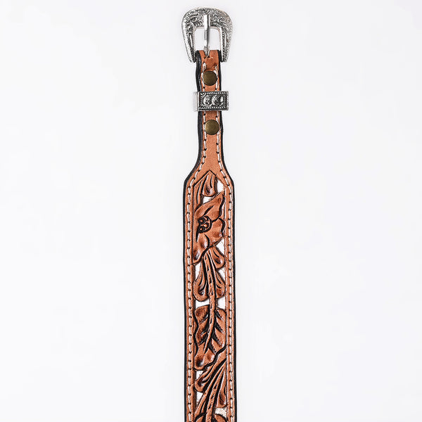 ADHTBR132 Natural Tooled Leather Western Hatband with White Lace Inlay & Silver Buckle