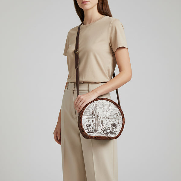 ADBGM507 Round Desert Etched Canteen - Western Leather Bag with Cactus Landscape Art