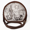 ADBGM507 Round Desert Etched Canteen - Western Leather Bag with Cactus Landscape Art