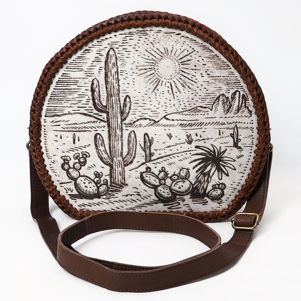 ADBGM507 Round Desert Etched Canteen - Western Leather Bag with Cactus Landscape Art