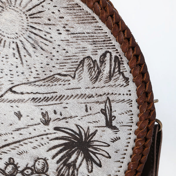 ADBGM507 Round Desert Etched Canteen - Western Leather Bag with Cactus Landscape Art