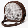ADBGM507 Round Desert Etched Canteen - Western Leather Bag with Cactus Landscape Art