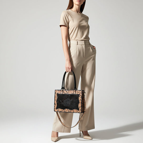 ADBG1605 American Darling Western Genuine Crocodile-Embossed Leather Hand-Tooled Tote Bag with Floral Carving