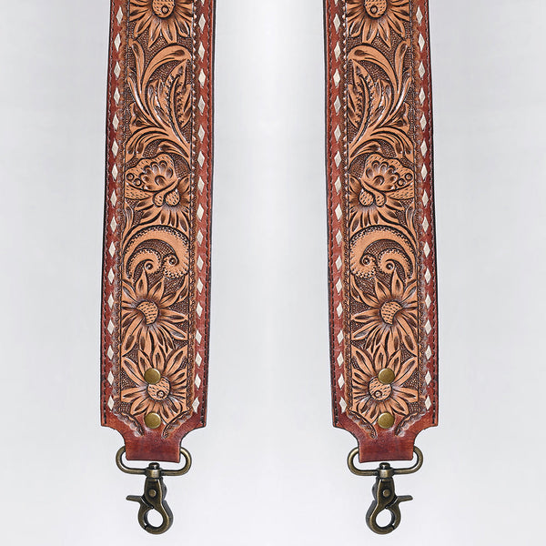 ADBT147 Wide Hand-Tooled Leather Bag Strap with Whipstitch Edges - Western Floral Carved Replacement