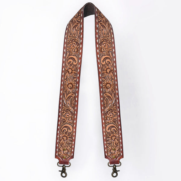ADBT147 Wide Hand-Tooled Leather Bag Strap with Whipstitch Edges - Western Floral Carved Replacement