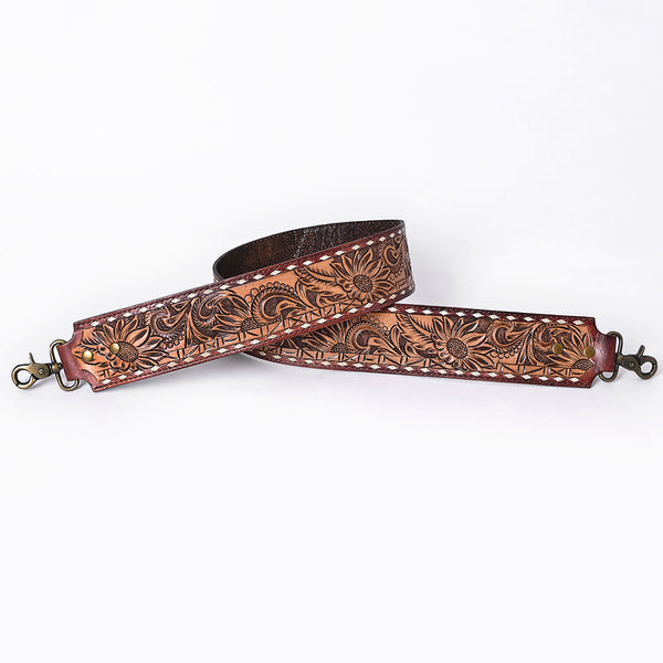 ADBT147 Wide Hand-Tooled Leather Bag Strap with Whipstitch Edges - Western Floral Carved Replacement