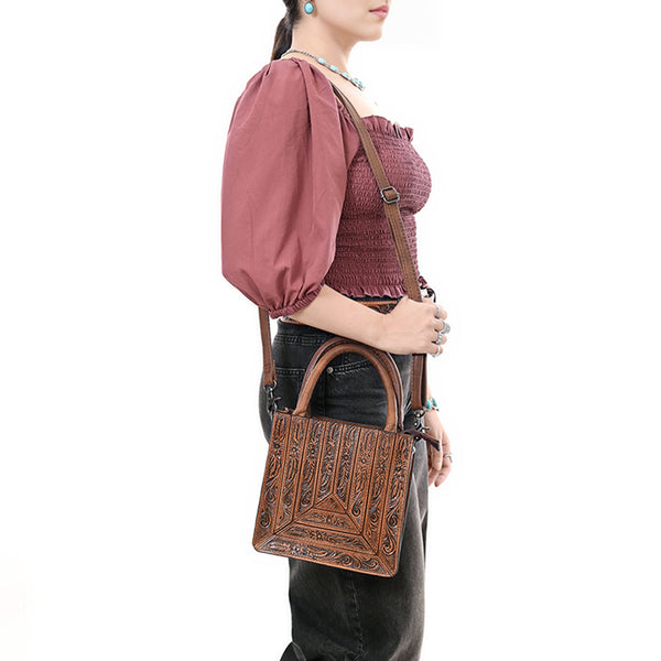 ADBG1608 American Darling Western Genuine Leather Hand-Tooled Tote Bag with Artisan Floral Carving