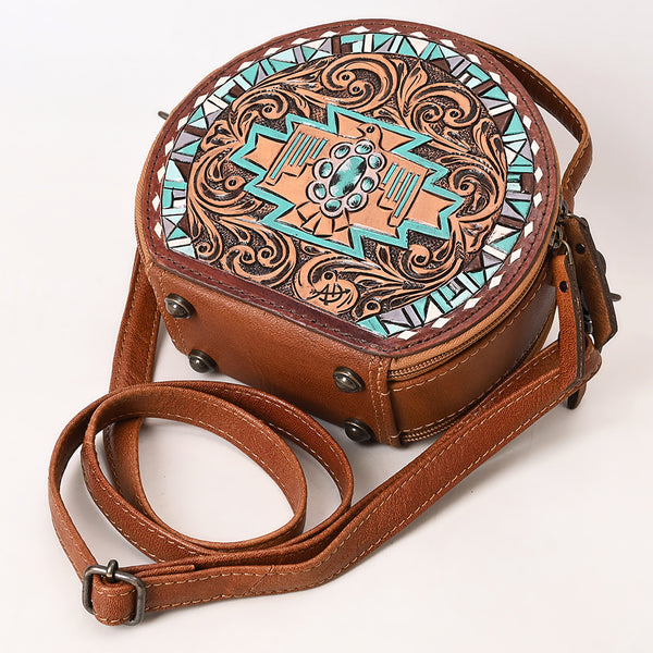 ADBG1611 American Darling Western Genuine Leather Hand-Tooled Canteen Bag with Buck-Stitched Detailing