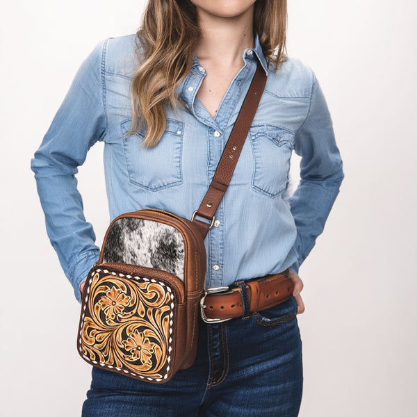 ADBGA654 American Darling Tooled Leather & Cowhide Sling Bag with Floral Front Pocket