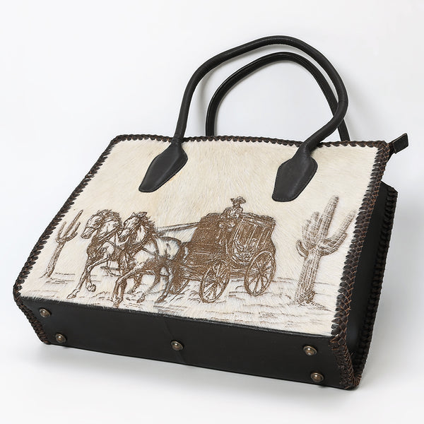 ADBGM512 Western Cowhide Leather Tote with Stagecoach Design -Handcrafted Rodeo Purse