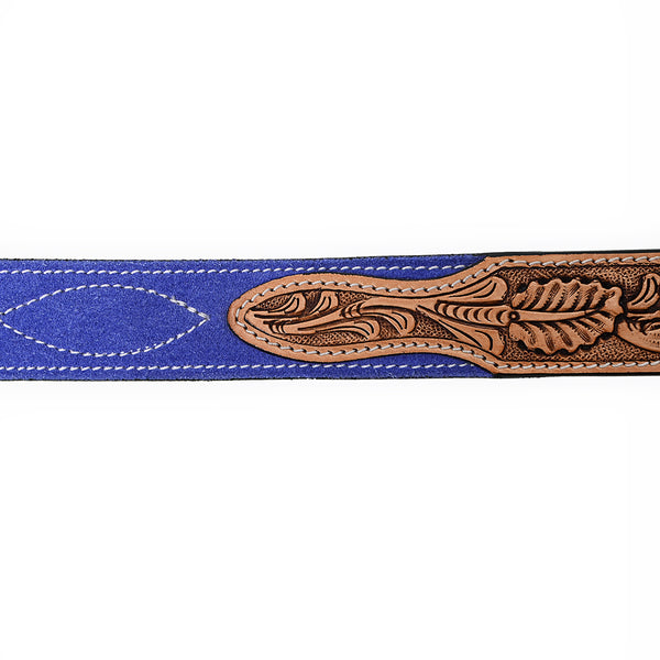 ADBLF329 Hand Tooled Tan Leather Western Belt - Blue Genuine suede Back & Antique Buckle