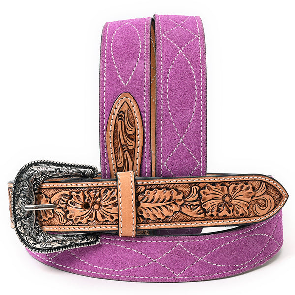 ADBLF332 Pink Genuine suede Western Belt - Tooled Floral Leather Inlay & Silver Engraved Buckle