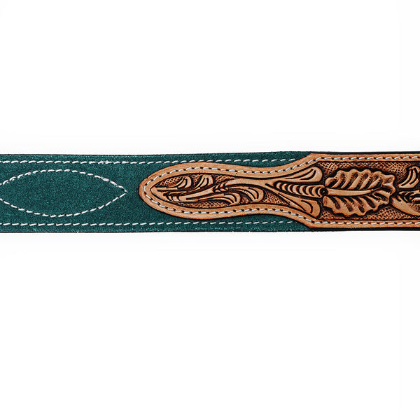 ADBLF333 Green Genuine suede Western Belt - Tooled Leather Inlay & Silver Engraved Buckle