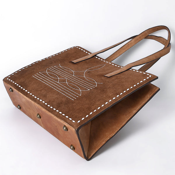 ADBGM517 Western Genuine suede Leather Tote with White Stitch Embroidery - Structured Cowgirl Handbag