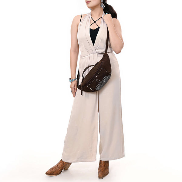 ADBG1618 American Darling Western Genuine Suede Leather Fanny Pack with Boot Stitching Handmade Black Waist Bag