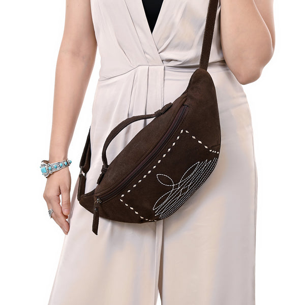 ADBG1618 American Darling Western Genuine Suede Leather Fanny Pack with Boot Stitching Handmade Black Waist Bag