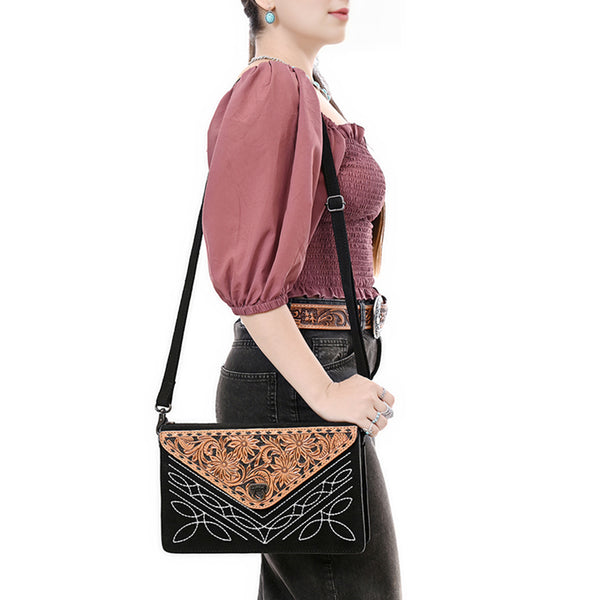 ADBG1623A American Darling Black Western Genuine Suede Leather Envelop Bag with Hand-Tooled Detailing