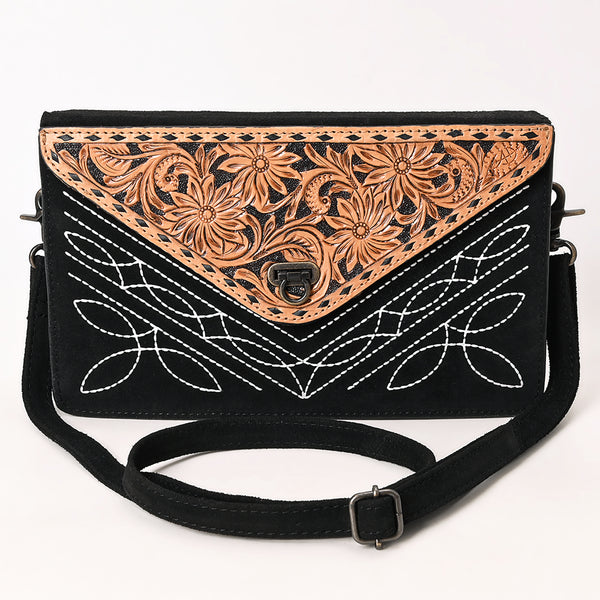 ADBG1623A American Darling Black Western Genuine Suede Leather Envelop Bag with Hand-Tooled Detailing