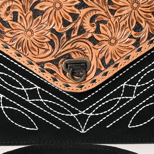 ADBG1623A American Darling Black Western Genuine Suede Leather Envelop Bag with Hand-Tooled Detailing