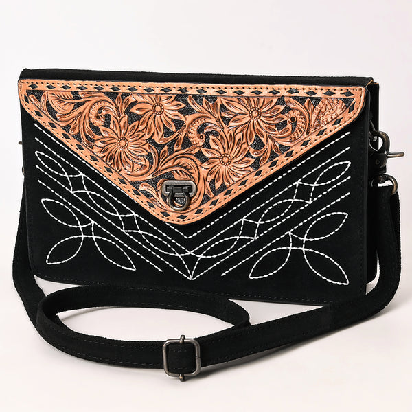 ADBG1623A American Darling Black Western Genuine Suede Leather Envelop Bag with Hand-Tooled Detailing