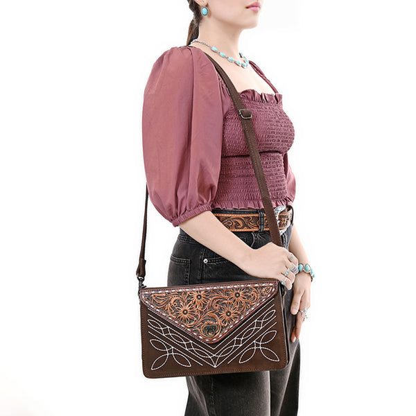 ADBG1623 American Darling Western Genuine Suede Leather Envelop Bag with Hand-Tooled Detailing
