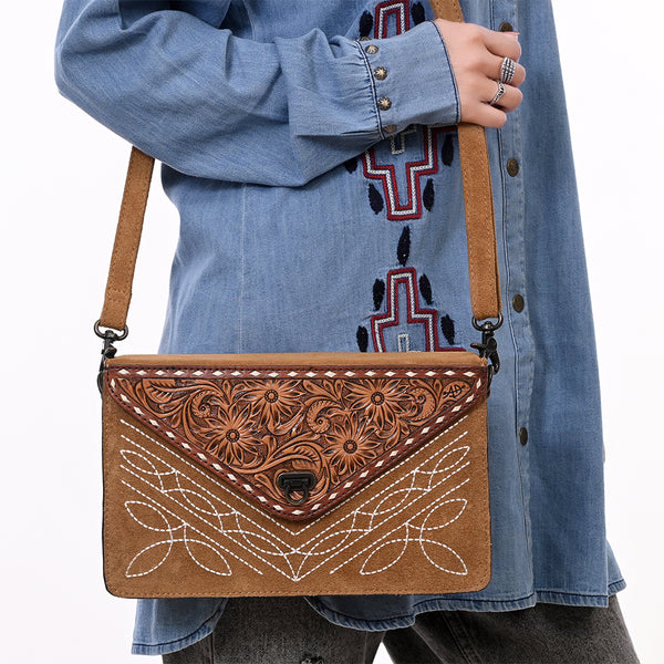 ADBG1623 American Darling Western Genuine Suede Leather Envelop Bag with Hand-Tooled Detailing