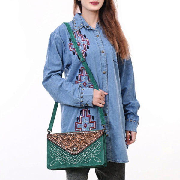 ADBG1623 American Darling Western Genuine Suede Leather Envelop Bag with Hand-Tooled Detailing