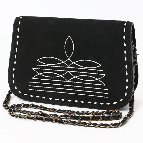 ADBG1626A American Darling Black Genuine Suede Western Leather Crossbody Bag with Buck Stitch & Boot-Stitched Detailing