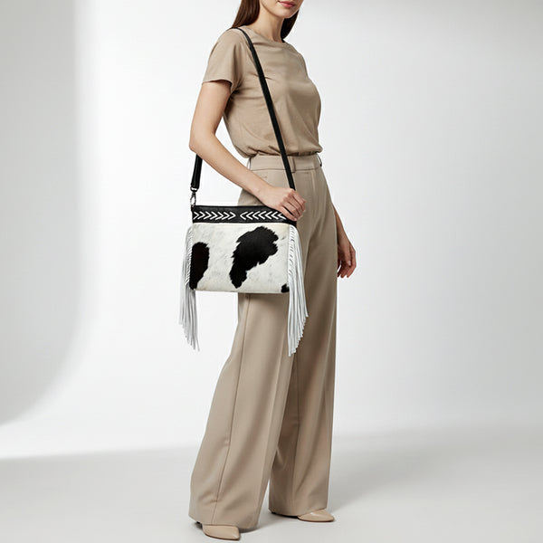 ADBG1628 American Darling Hair-On Cowhide Western Leather Crossbody Bag with Fringes & Genuine Leather Trim