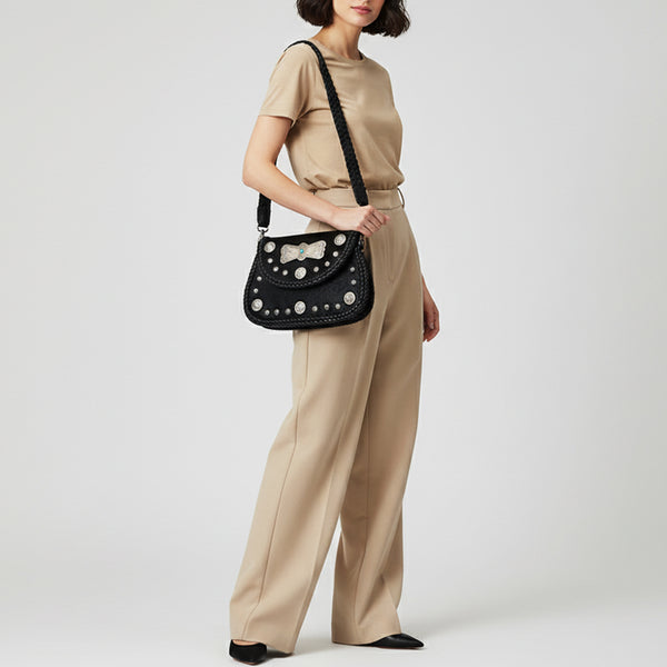 ADBGM521 Black Hair-On Leather Crossbody with Silver Conchos - Western Turquoise Accent Bag