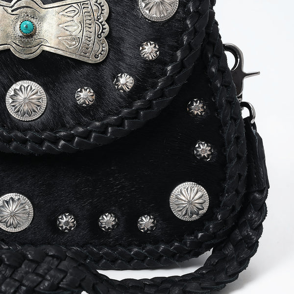 ADBGM521 Black Hair-On Leather Crossbody with Silver Conchos - Western Turquoise Accent Bag