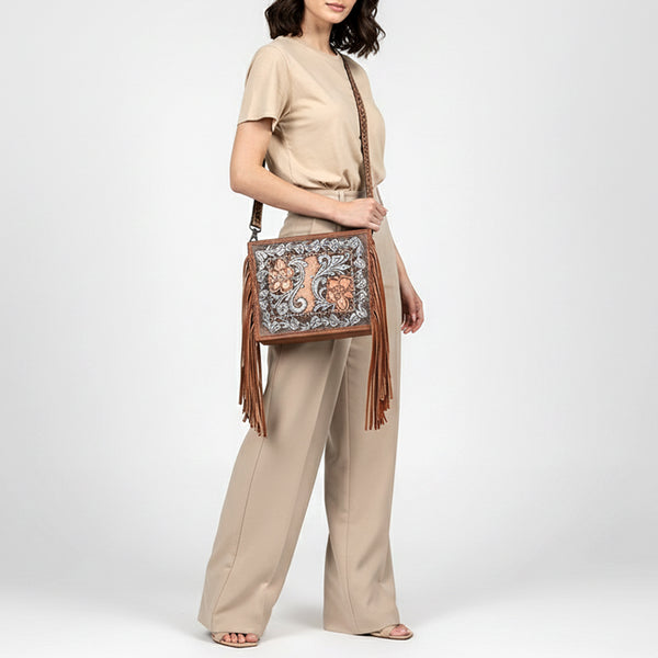 ADBG1632 American Darling Hand-Tooled Leather Cross Body Bag with Floral Carving, Fringes & Western Detailing