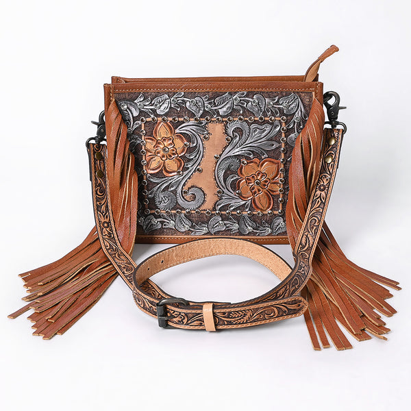 ADBG1632 American Darling Hand-Tooled Leather Cross Body Bag with Floral Carving, Fringes & Western Detailing