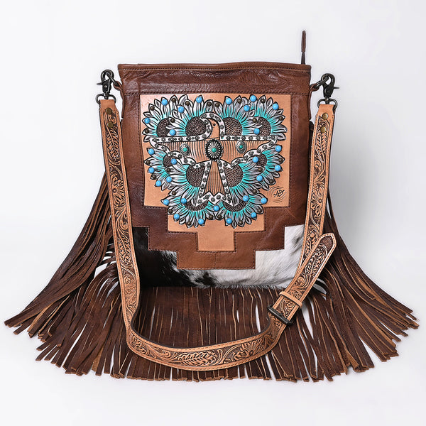 ADBG1633 American Darling Hand-Tooled Leather Messenger Bag with Fringes, Hair-On, Western Carving & Premium Craftsmanship
