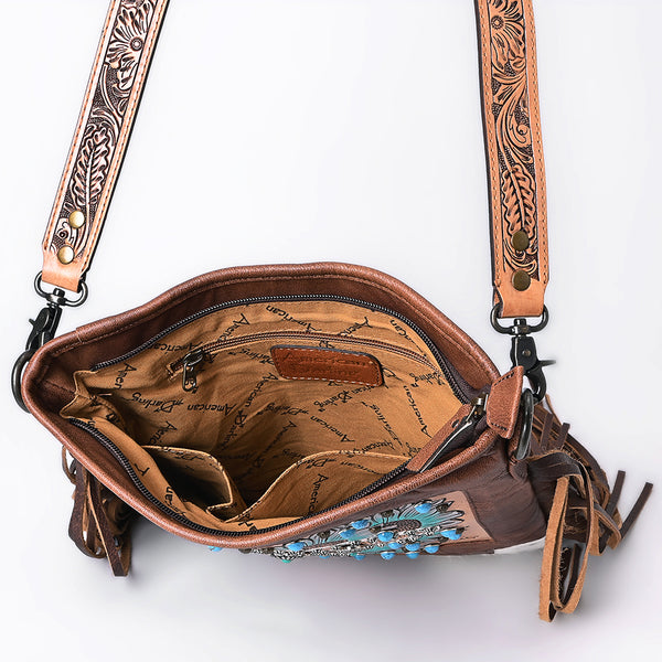 ADBG1633 American Darling Hand-Tooled Leather Messenger Bag with Fringes, Hair-On, Western Carving & Premium Craftsmanship