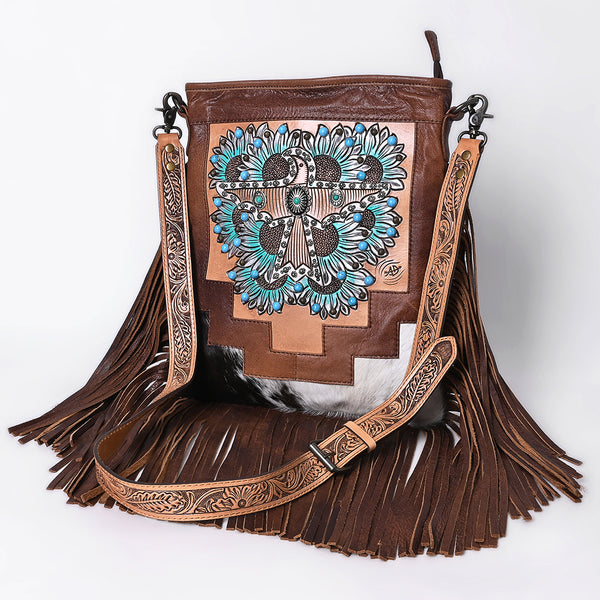 ADBG1633 American Darling Hand-Tooled Leather Messenger Bag with Fringes, Hair-On, Western Carving & Premium Craftsmanship