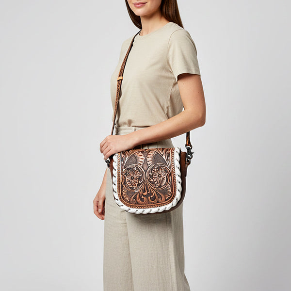 ADBG1636 American Darling Hand Tooled Leather Cross Body Bag with Western Carving and Adjustable Strap