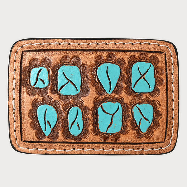 ADBLF126-BU Tooled Leather Key Fob - Turquoise Stone-Inspired Design