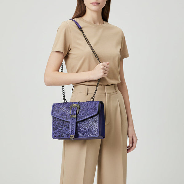 ADBG1535 American Darling Western Leather Small Crossbody Bag with Hand-Tooled Floral Design & Chain Strap