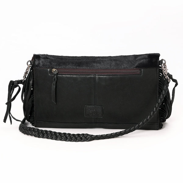 ADBGM550 Black Hair-On Leather Fringe Clutch - Western Crossbody with Turquoise Concho & Braided Trim