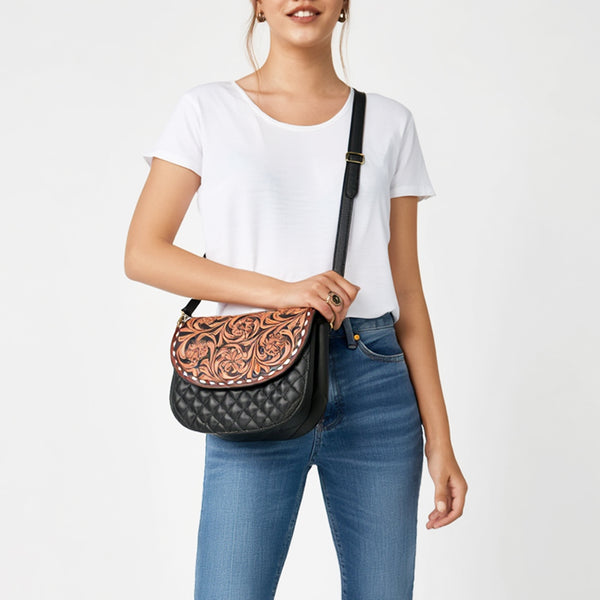 ADBGA690 American Darling Tooled Leather Flap Quilted Black Crossbody Bag