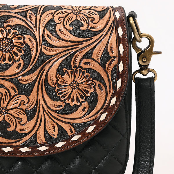 ADBGA690 American Darling Tooled Leather Flap Quilted Black Crossbody Bag