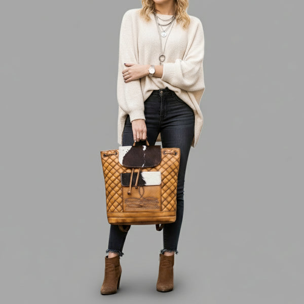 ADBGM536 Quilted Leather & Cowhide Western Backpack - Handcrafted Drawstring Rodeo Bag