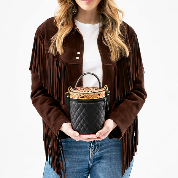 ADBGA698 Black Quilted Barrel Crossbody Bag with Tooled Floral Leather Top