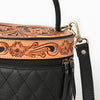 ADBGA698 Black Quilted Barrel Crossbody Bag with Tooled Floral Leather Top