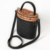 ADBGA698 Black Quilted Barrel Crossbody Bag with Tooled Floral Leather Top